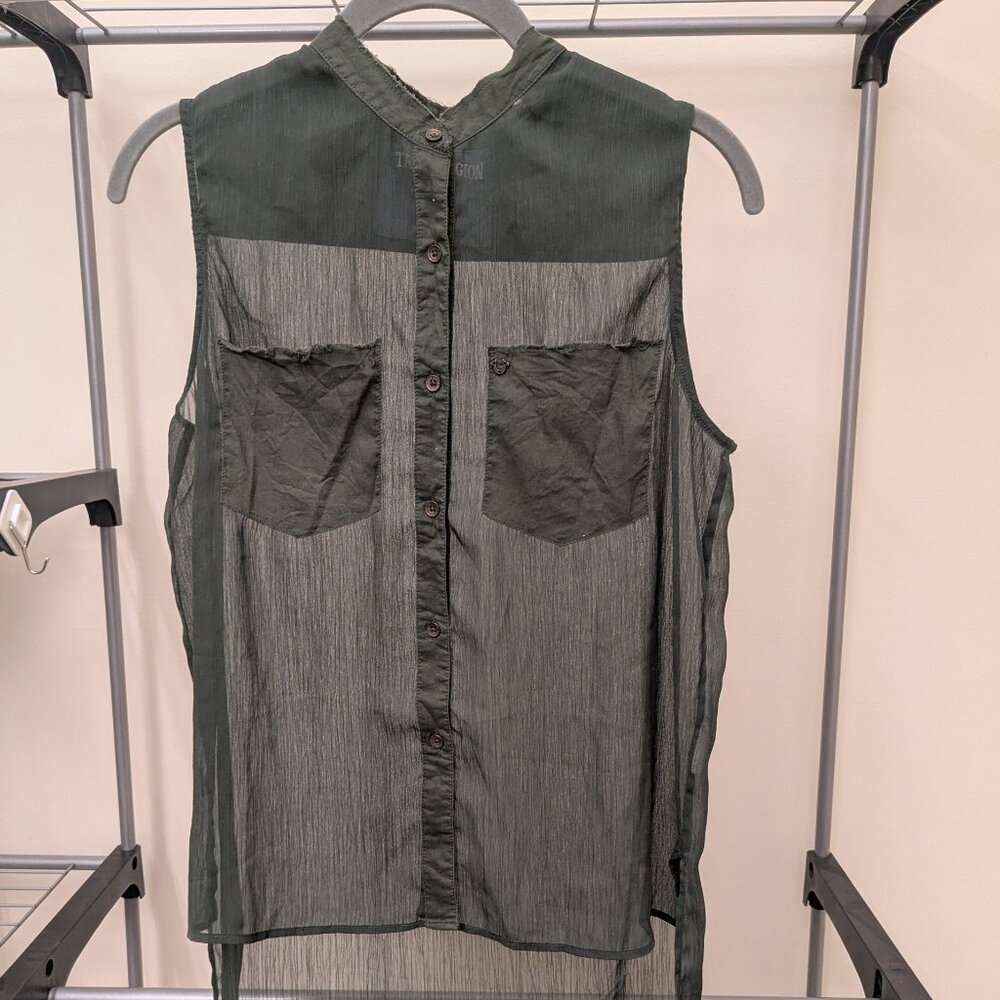True Religion - Sleeveless Sheer Block Top High Low Hem - Olive Green - Size S